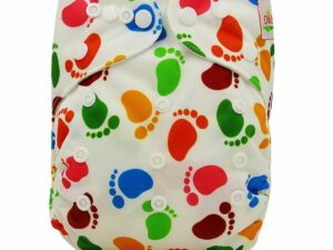Couche lavable réutilisable - Traces de pieds multicolores sur fond blanc