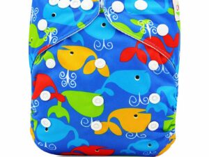 Couche lavable réutilisable - Baleines multicolores sur fond bleu