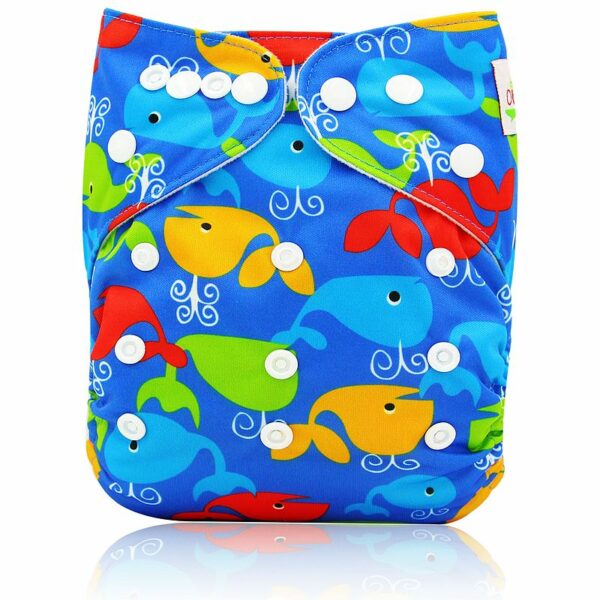 Couche lavable réutilisable - Baleines multicolores sur fond bleu