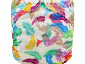 Couche lavable réutilisable - Plumes multicolores sur fond blanc