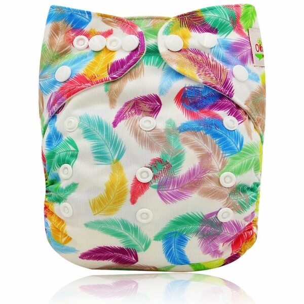 Couche lavable réutilisable - Plumes multicolores sur fond blanc