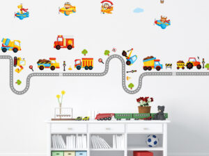 Sticker mural chambre bébé garçon - Camions BTP, pompiers et avions