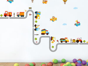 Sticker mural décoration murs chambre bébé garçon - Camions pompiers, BTP sur la toute et avions