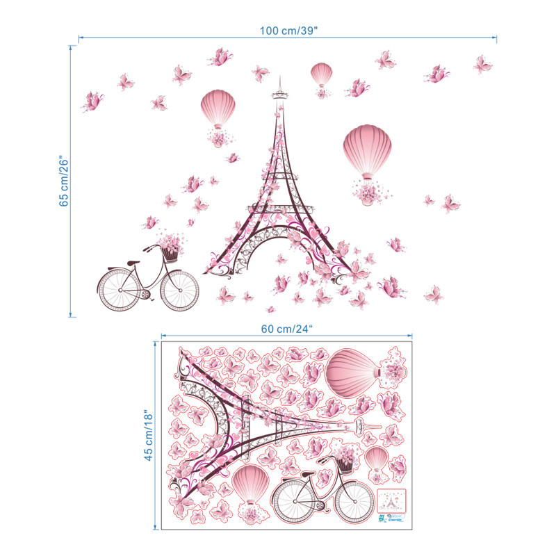 Dimensions sticker mural Tour Eiffel et papillons roses