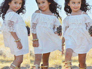 Superbe robe blanche, mi-longue, à bretelles, pour enfant fille