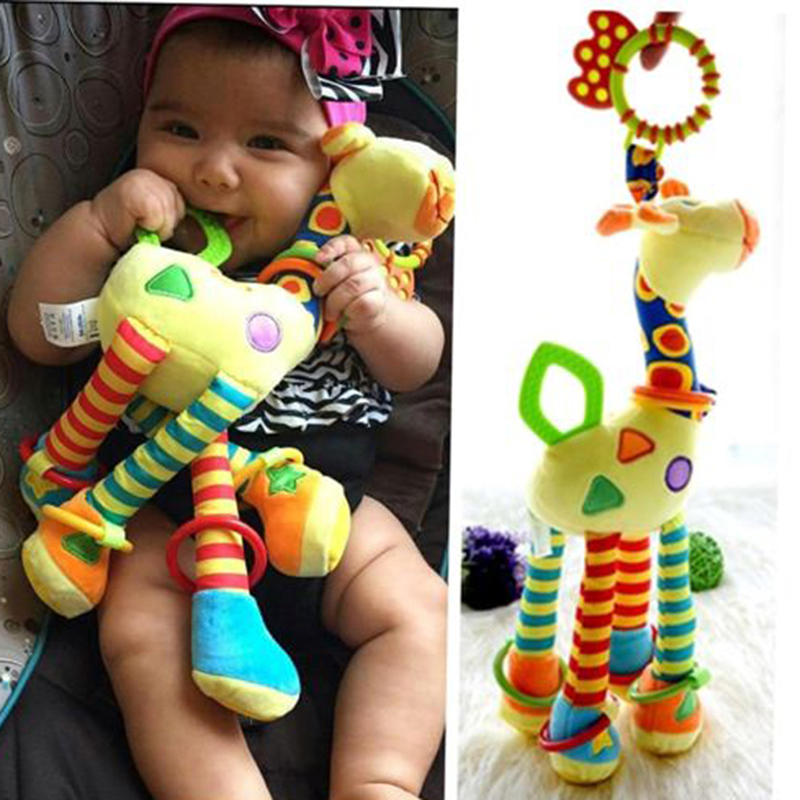 Peluche girafe multicolore pour bébé avec anneau de dentition