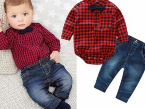 Ensemble jean et chemise rouge à carreaux pour bébé