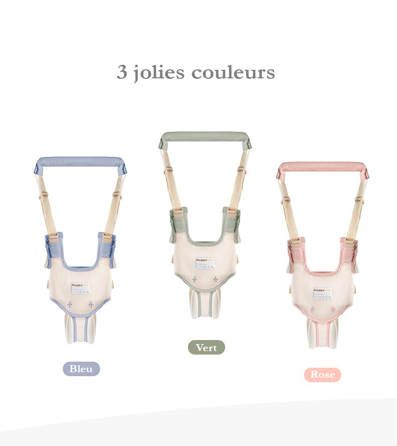 3 couleurs du harnais bébé : bleu, vert et rose