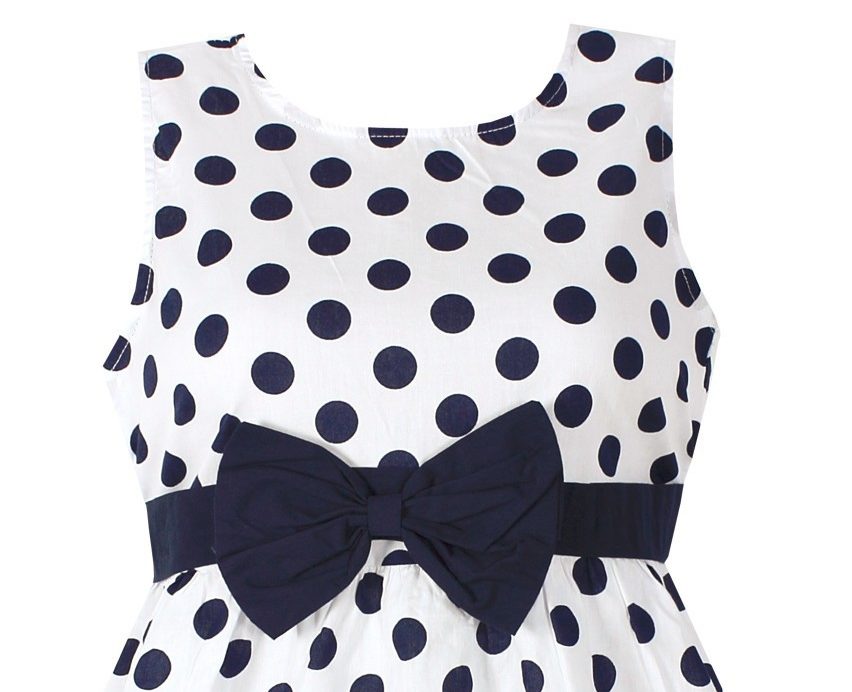 Robe enfant fille Églantine - blanche, sans manches, pois bleu marine, nœud papillon