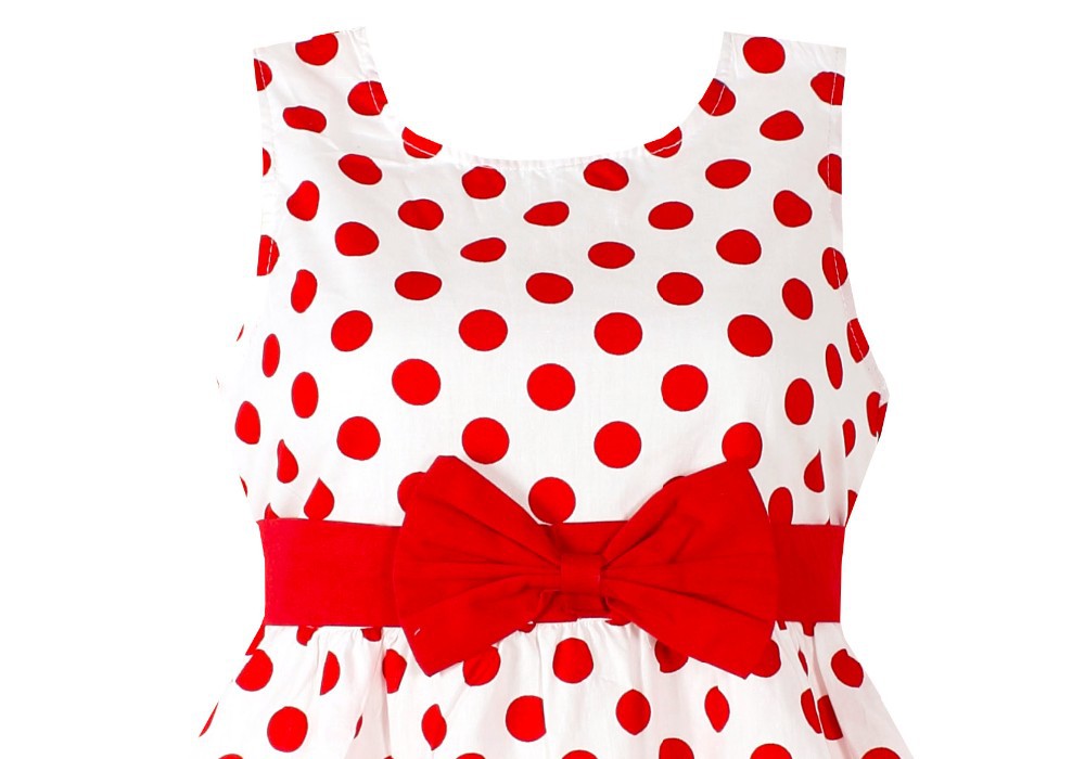 Robe Églantine - blanche, sans manches, pois rouges, nœud papillon