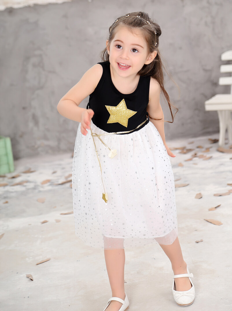 Robe fille sans manches - Couleur noir et blanc avec motifs étoiles en or et argent