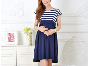 Robe bleue grossesse manches courtes mi-longue