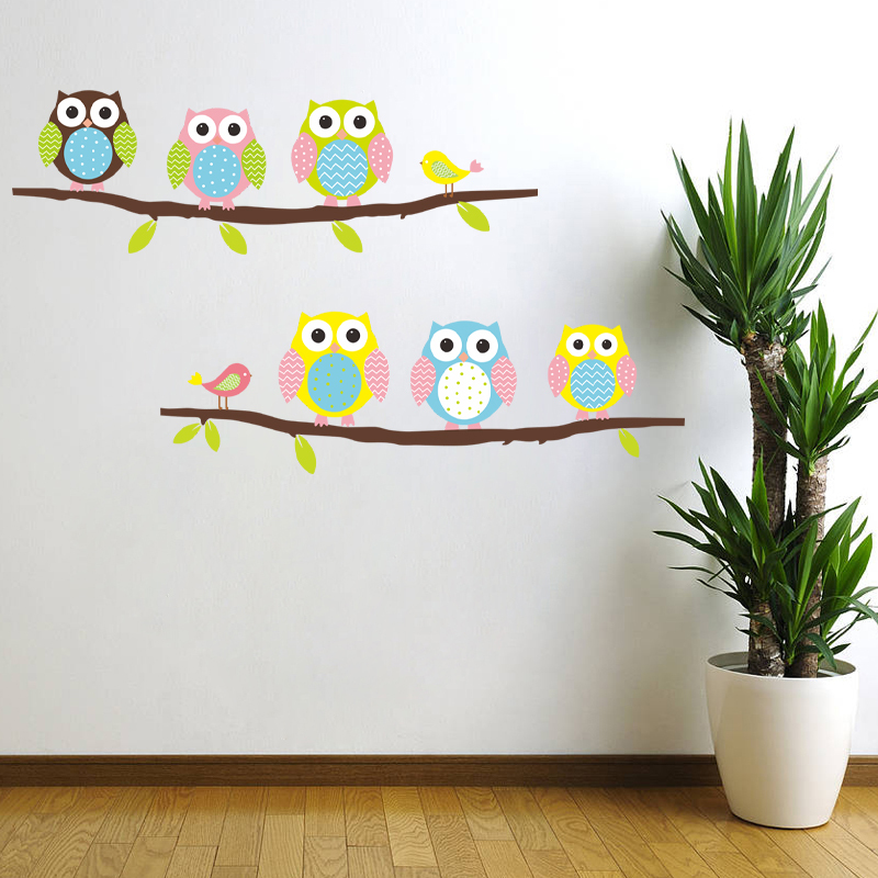 Stickers muraux enfants 9 Chouettes sur branches I arbre fleurs