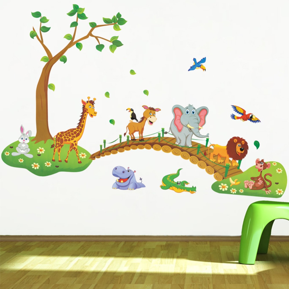 Stickers muraux enfants - Decoration chambre bébé - Sticker mural chambre  enfant - Autocollant mural animaux de la jungle dans les bois - H90 x L60 cm