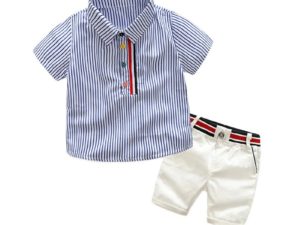 Ensemble enfant garçon bermuda blanc et chemise rayures bleues