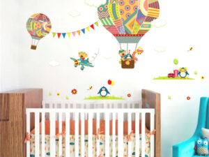 Sticker mural enfant - Animaux, montgolfière et avion