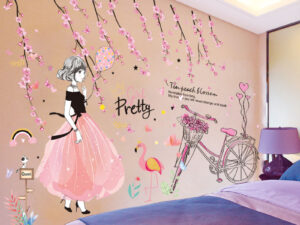Sticker mural fille glamour robe rose et noire