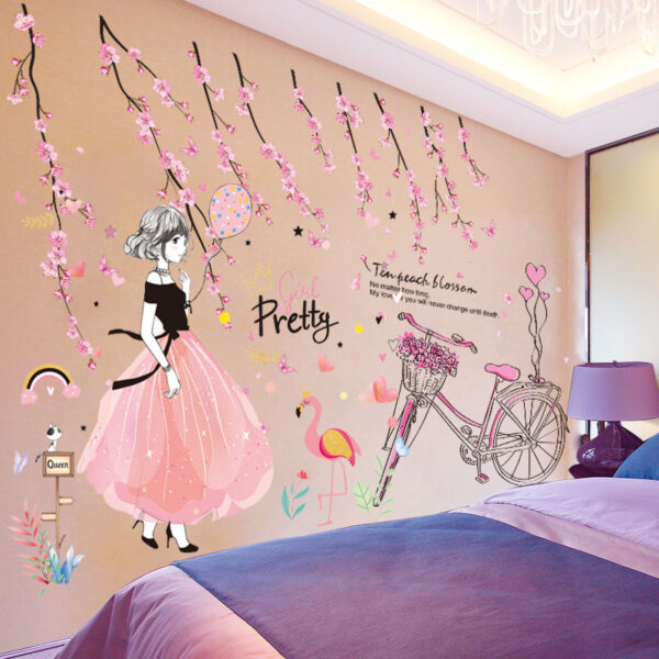Sticker mural fille glamour robe rose et noire