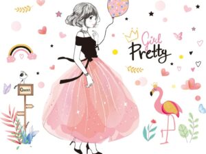 Stickers muraux chambre fille avec silhouette fille élégante et flamant rose