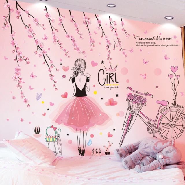 Sticker mural Fille, Vélo et Fleurs de Cerisier - Déco Chambre