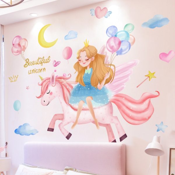 Princesse sur le dos d'une licorne - Stickers muraux chambre de fille
