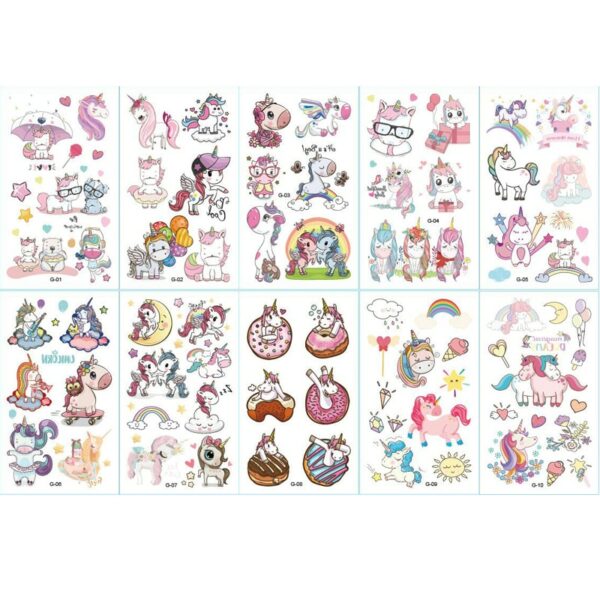 Tatouage éphémère enfant (lot de 10) - Licornes, Sirènes, Dinosaures, Noël, Robot, Halloween