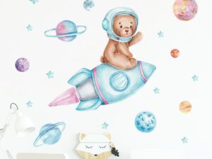 Stickers muraux ourson dans l'espace pour décorer la chambre de bébé