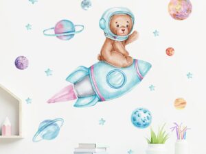 Sticker mural amovible pour enfant : ourson astronaute dans l'espace