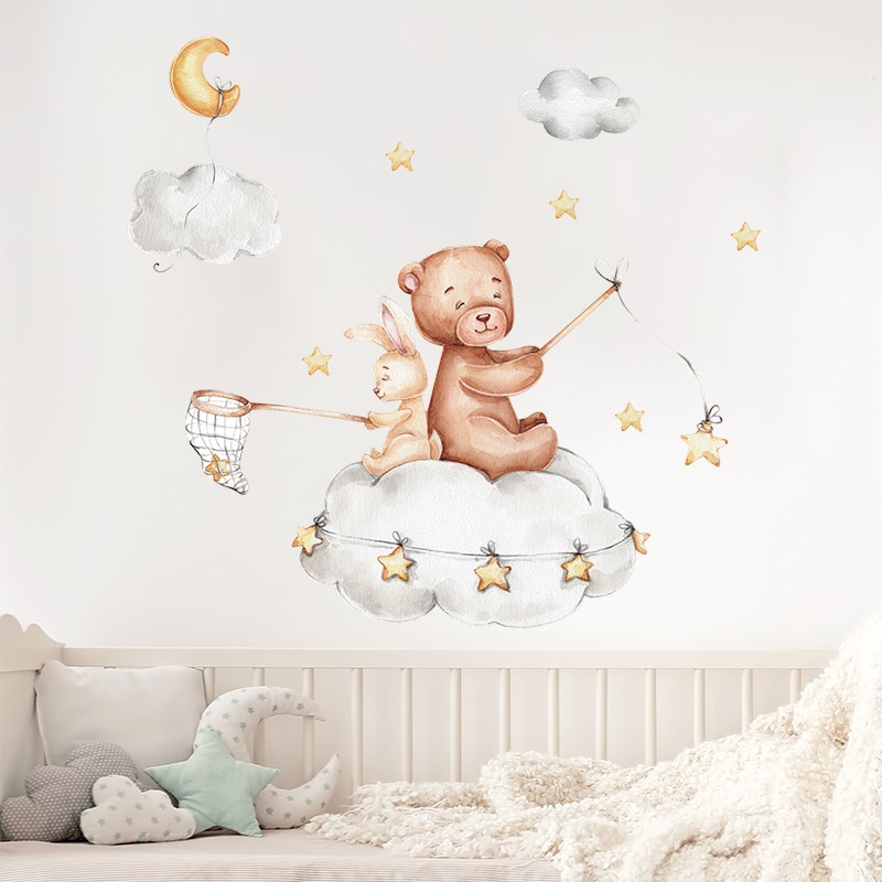 Sticker mural chambre enfant : Ourson et Lapin sur nuage