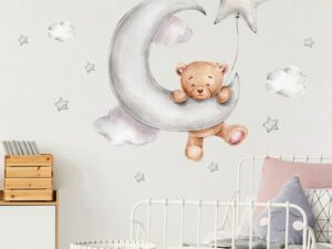 Autocollant mural Ourson suspendu au croissant de lune - Déco chambre enfant