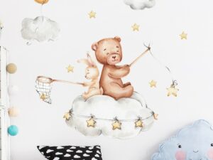 Sticker mural chambre enfant : Ourson et Lapin sur nuage