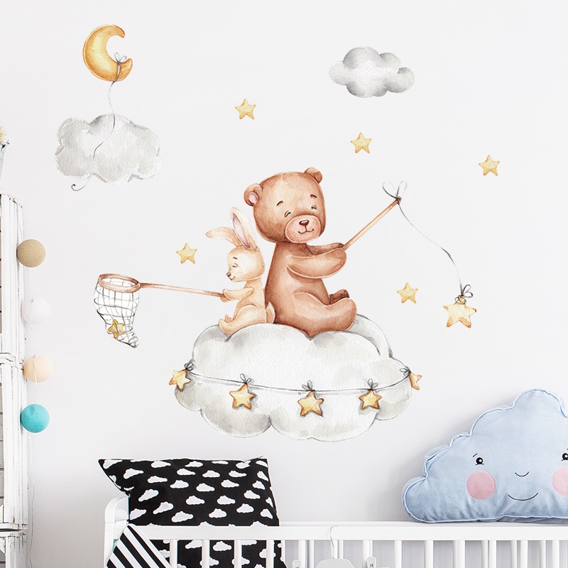 Stickers Muraux Enfants Toise Ours Lapin Chat Autocollant Mural