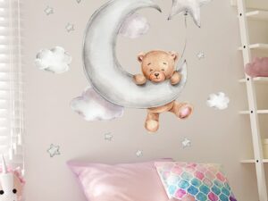 Sticker mural Ourson suspendu au croissant de lune - Déco chambre enfant