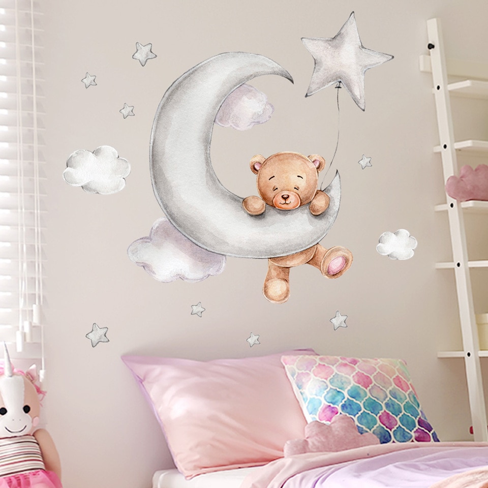 Sticker mural petit Ourson dans les Nuages - Déco chambre enfant